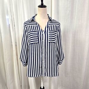 2/$30 BCX Navy &‎ White Striped Womens Button Down Shirt Size M Nautical Coastal